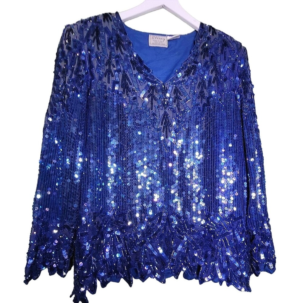 Vintage Stenay Silk Sequin Top S Blue Glam Cocktail Formal Party 20s